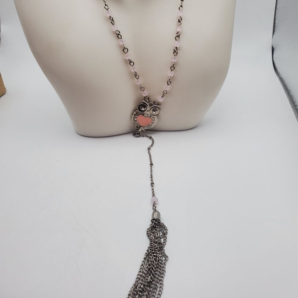 Owl pink posies beaded‎ dangle tassel necklace